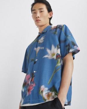 Rag & Bone Avery Printed Viscose Shirt Relaxed Fit Button Down Blue Floral | 05346KDFY