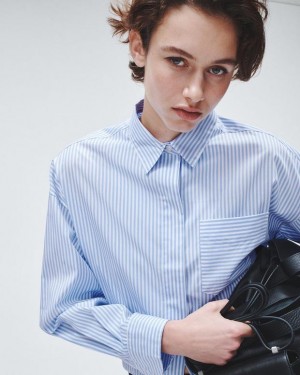 Rag & Bone Beatrice Cotton Poplin Shirt Relaxed Fit Button Down Light Blue Stripe | 72896KVFU