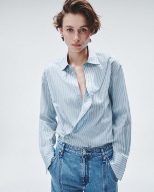 Rag & Bone Indiana Striped Cotton Poplin Shirt Relaxed Fit Button Down Cool Blue Stripe | 42985KHWB