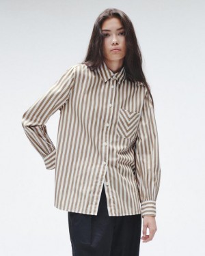 Rag & Bone Maxine Cotton Poplin Shirt Classic Fit Button Down Brown Stripe | 17623RQMB