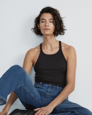 Rag & Bone The Essential Rib String Tank Rib Cotton T-Shirt Black | 39750JWDY