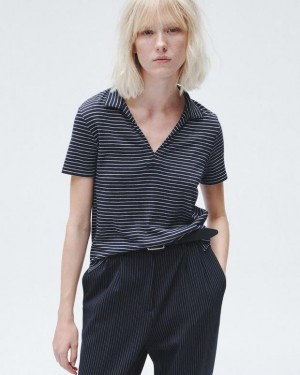 Rag & Bone The Knit Striped Polo Pima Cotton T-Shirt Navy Stripe | 06214WAIJ