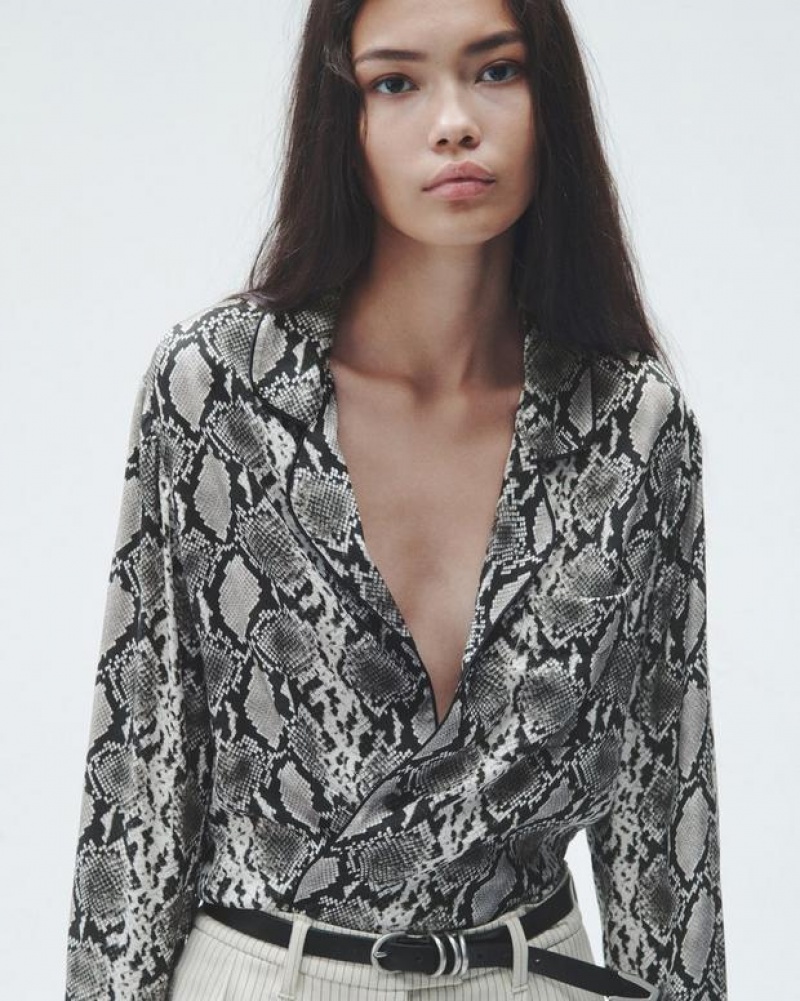 Rag & Bone Aurora Printed Silk Shirt Relaxed Fit Button Down Snake Print | 28197MSQW