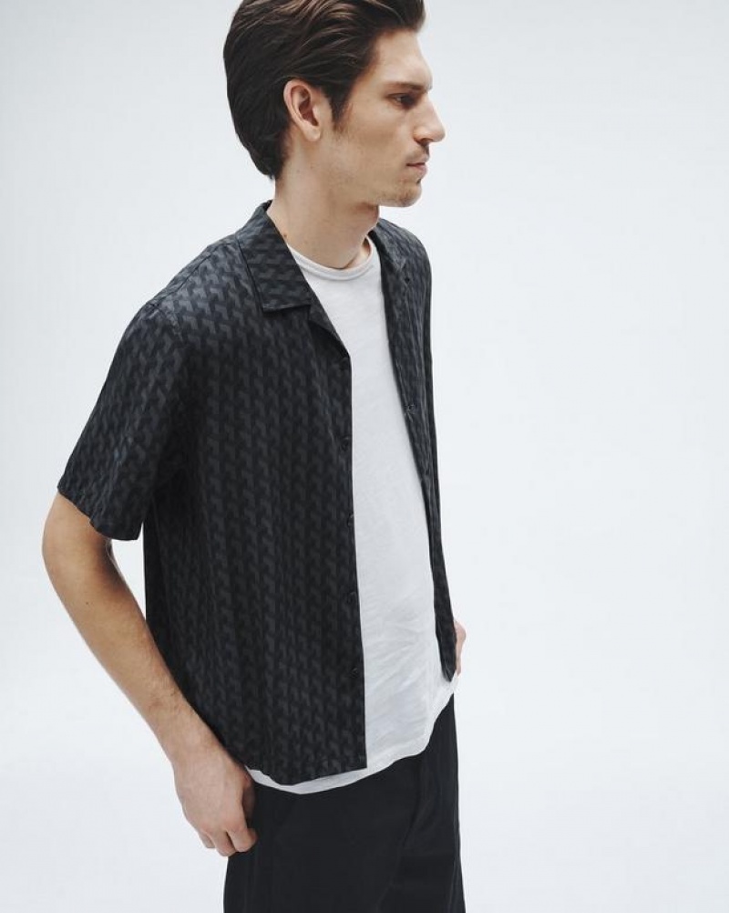 Rag & Bone Avery Printed Viscose Shirt Relaxed Fit Button Down Black Geometric Stud | 68915ZAMJ