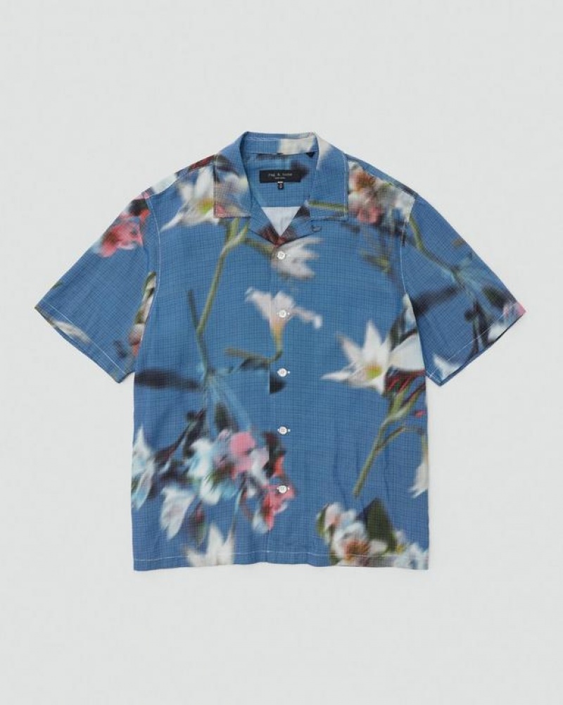 Rag & Bone Avery Printed Viscose Shirt Relaxed Fit Button Down Blue Floral | 05346KDFY