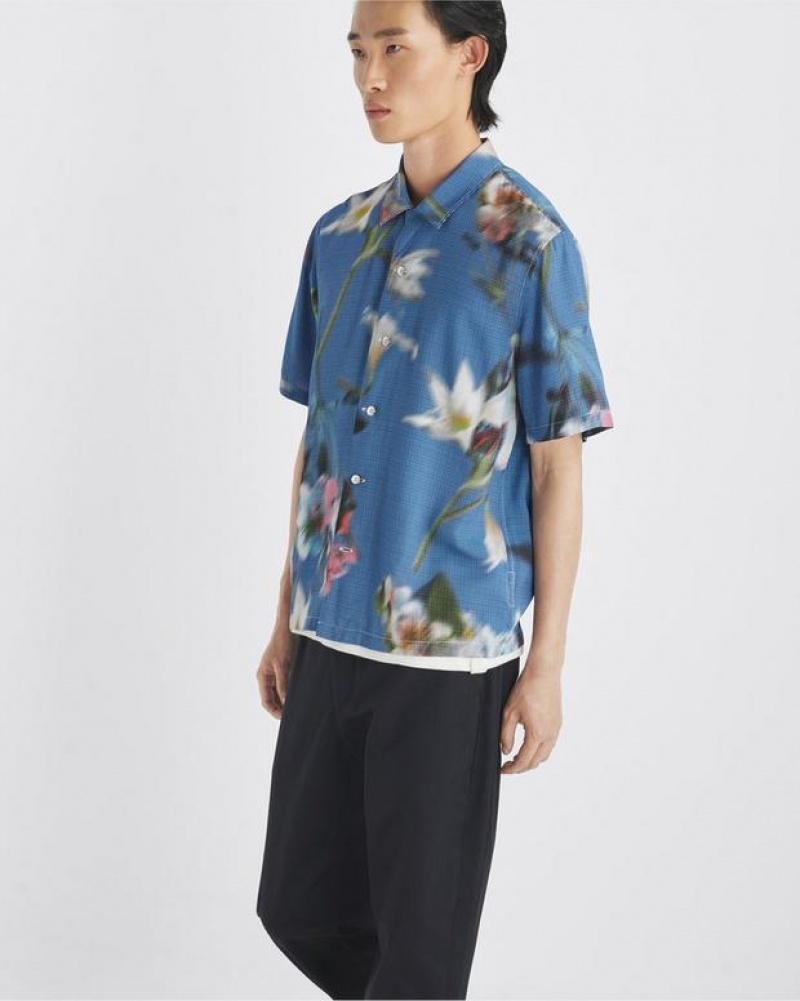 Rag & Bone Avery Printed Viscose Shirt Relaxed Fit Button Down Blue Floral | 05346KDFY