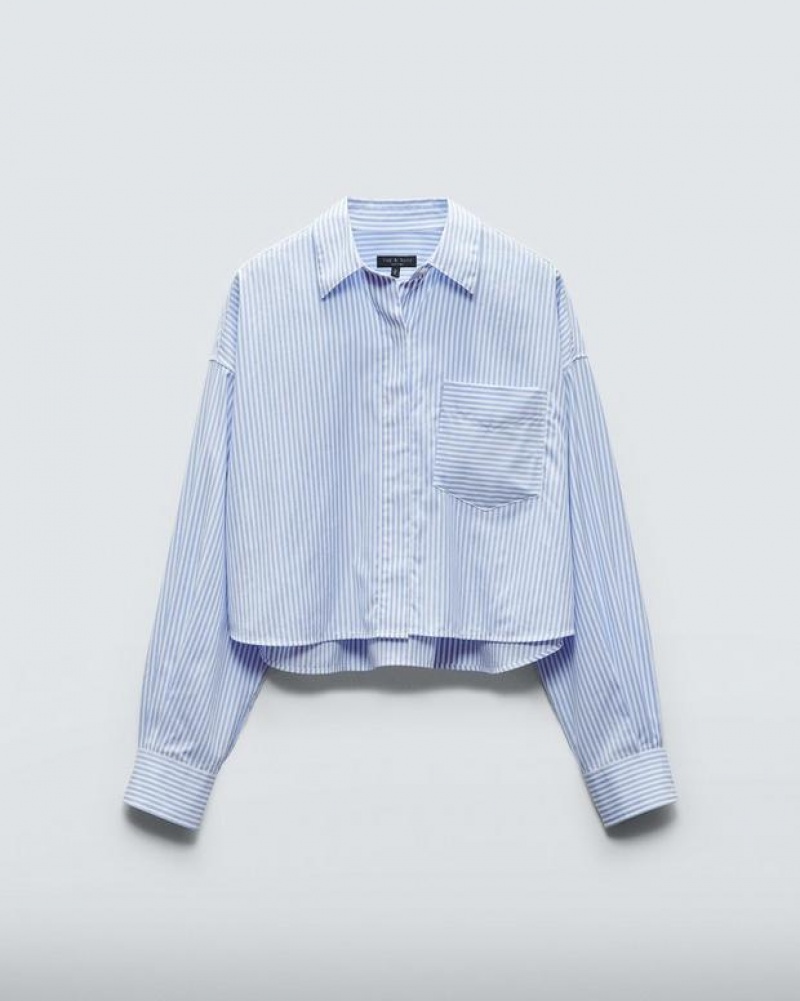 Rag & Bone Beatrice Cotton Poplin Shirt Relaxed Fit Button Down Light Blue Stripe | 72896KVFU