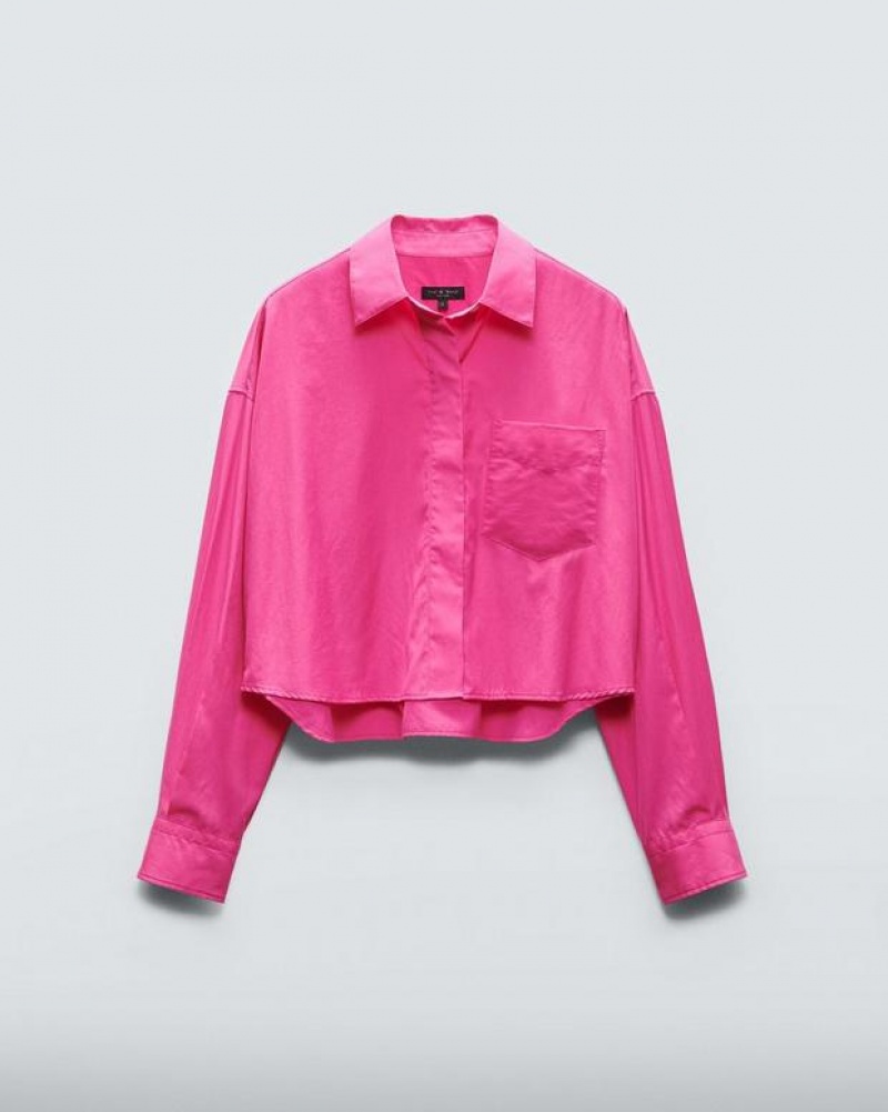 Rag & Bone Beatrice Cropped Cotton Poplin Shirt Relaxed Fit Button Down Bright Pink | 27195RVGY