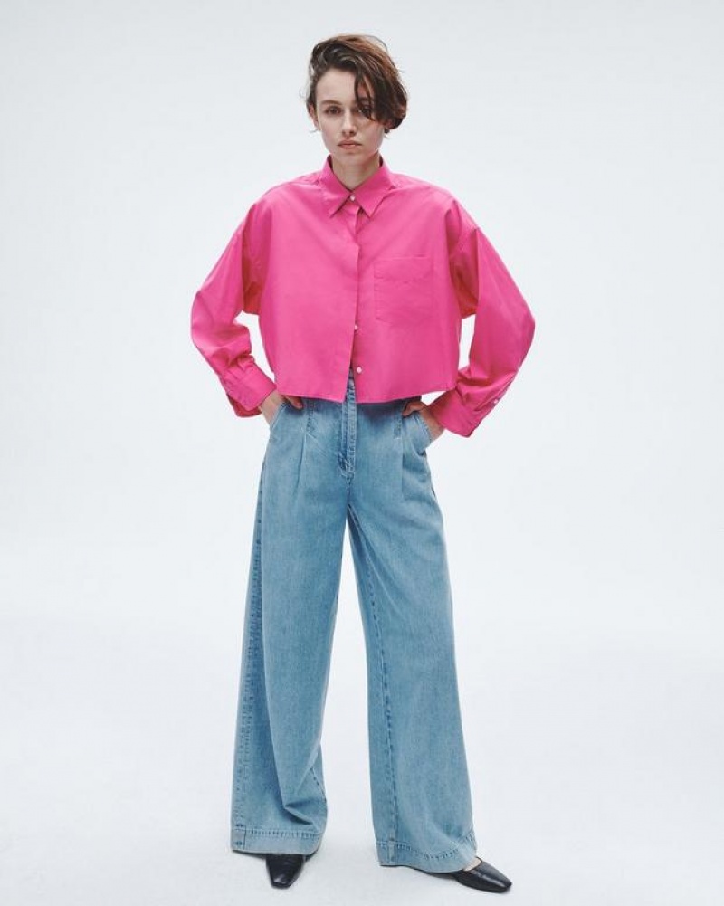 Rag & Bone Beatrice Cropped Cotton Poplin Shirt Relaxed Fit Button Down Bright Pink | 27195RVGY