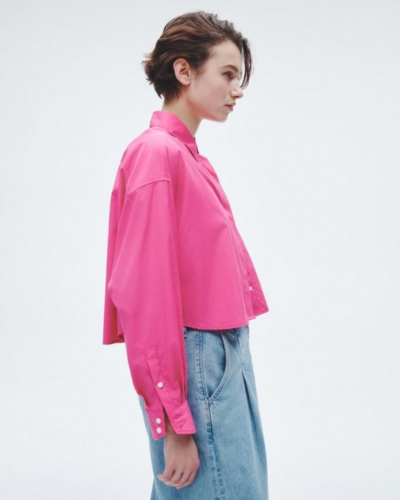 Rag & Bone Beatrice Cropped Cotton Poplin Shirt Relaxed Fit Button Down Bright Pink | 27195RVGY