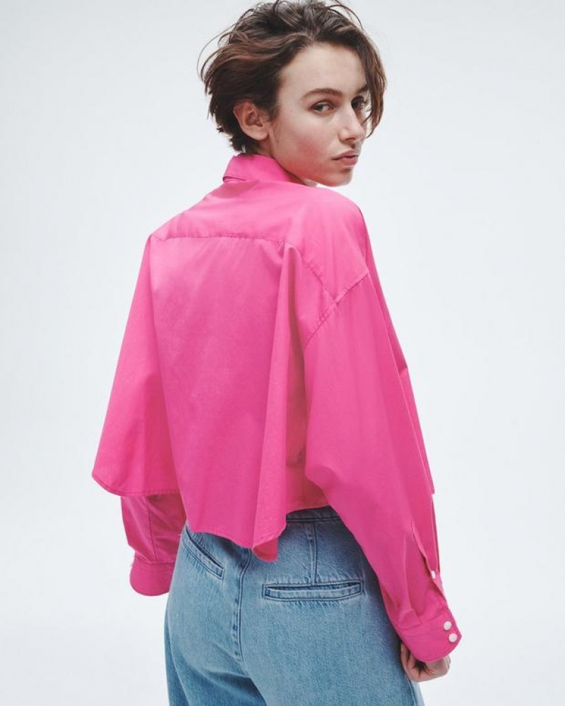 Rag & Bone Beatrice Cropped Cotton Poplin Shirt Relaxed Fit Button Down Bright Pink | 27195RVGY