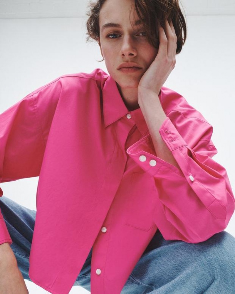 Rag & Bone Beatrice Cropped Cotton Poplin Shirt Relaxed Fit Button Down Bright Pink | 27195RVGY