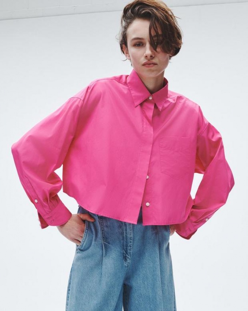 Rag & Bone Beatrice Cropped Cotton Poplin Shirt Relaxed Fit Button Down Bright Pink | 27195RVGY