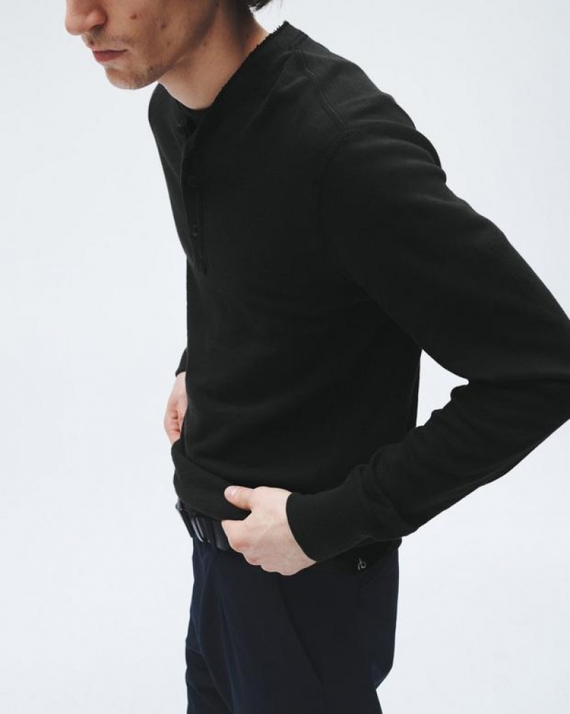 Rag & Bone Classic Flame Long Sleeve Henley Cotton T-Shirt Jet Black | 54107GKAZ