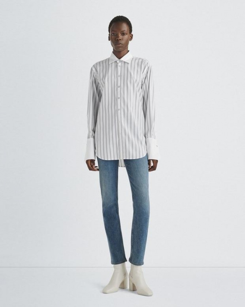 Rag & Bone Diana Cotton Poplin Shirt Relaxed Fit Button Down White Stripe | 37549SHIQ