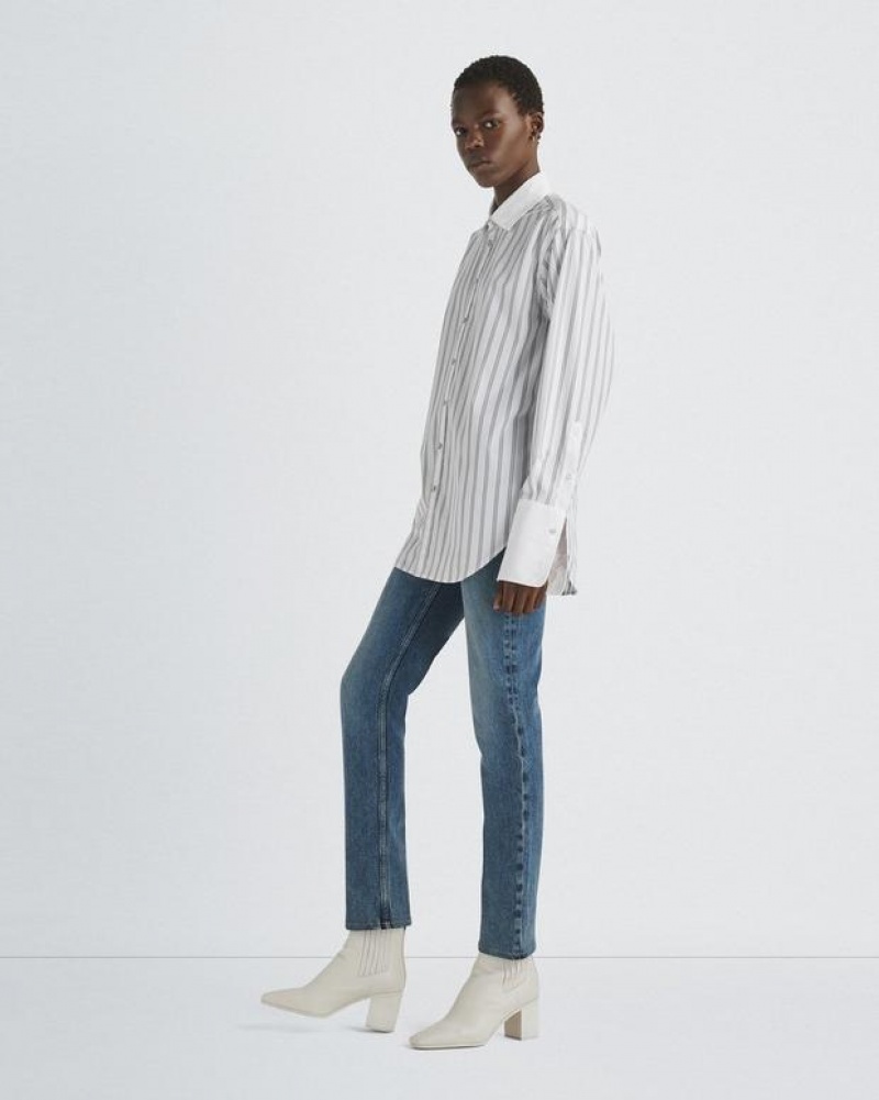 Rag & Bone Diana Cotton Poplin Shirt Relaxed Fit Button Down White Stripe | 37549SHIQ