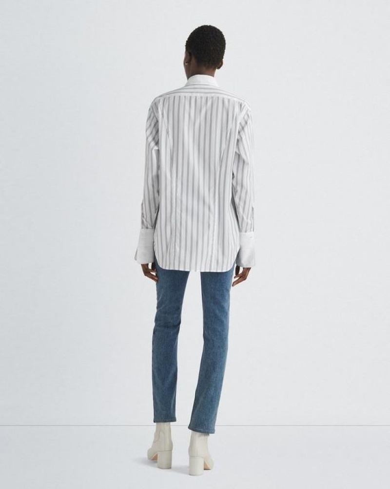 Rag & Bone Diana Cotton Poplin Shirt Relaxed Fit Button Down White Stripe | 37549SHIQ