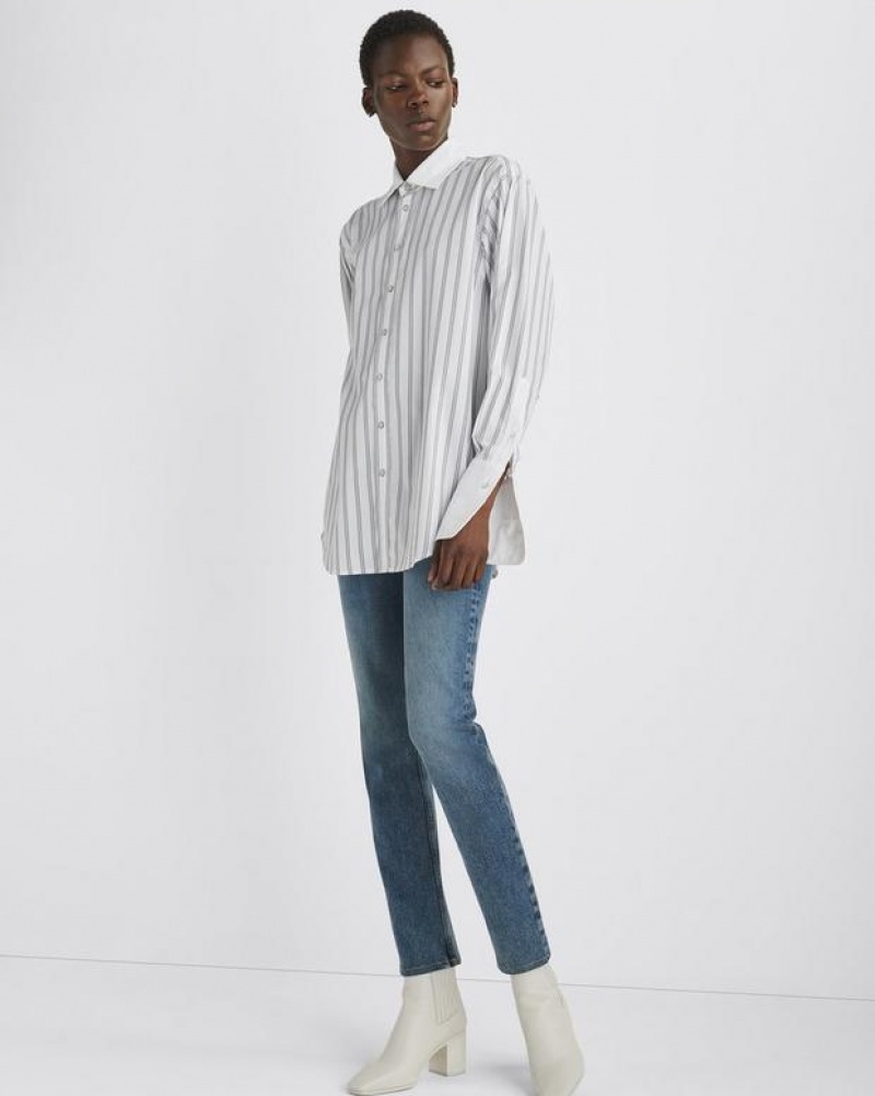 Rag & Bone Diana Cotton Poplin Shirt Relaxed Fit Button Down White Stripe | 37549SHIQ