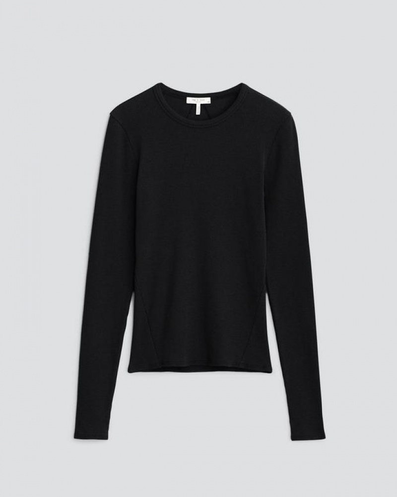 Rag & Bone Essential Rib Long Sleeve Tee Rib Cotton T-Shirt Black | 62138WITF