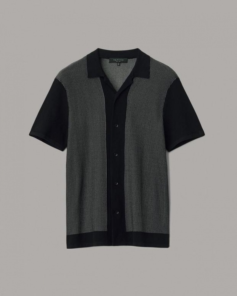 Rag & Bone Harvey Cotton Knit Camp Shirt Classic Fit Button Down Black/ White | 26351VLID