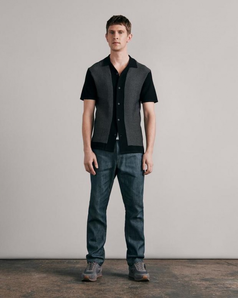 Rag & Bone Harvey Cotton Knit Camp Shirt Classic Fit Button Down Black/ White | 26351VLID