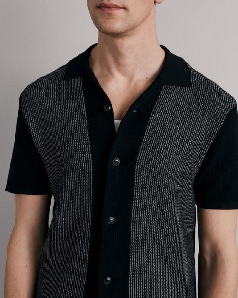 Rag & Bone Harvey Cotton Knit Camp Shirt Classic Fit Button Down Black/ White | 26351VLID