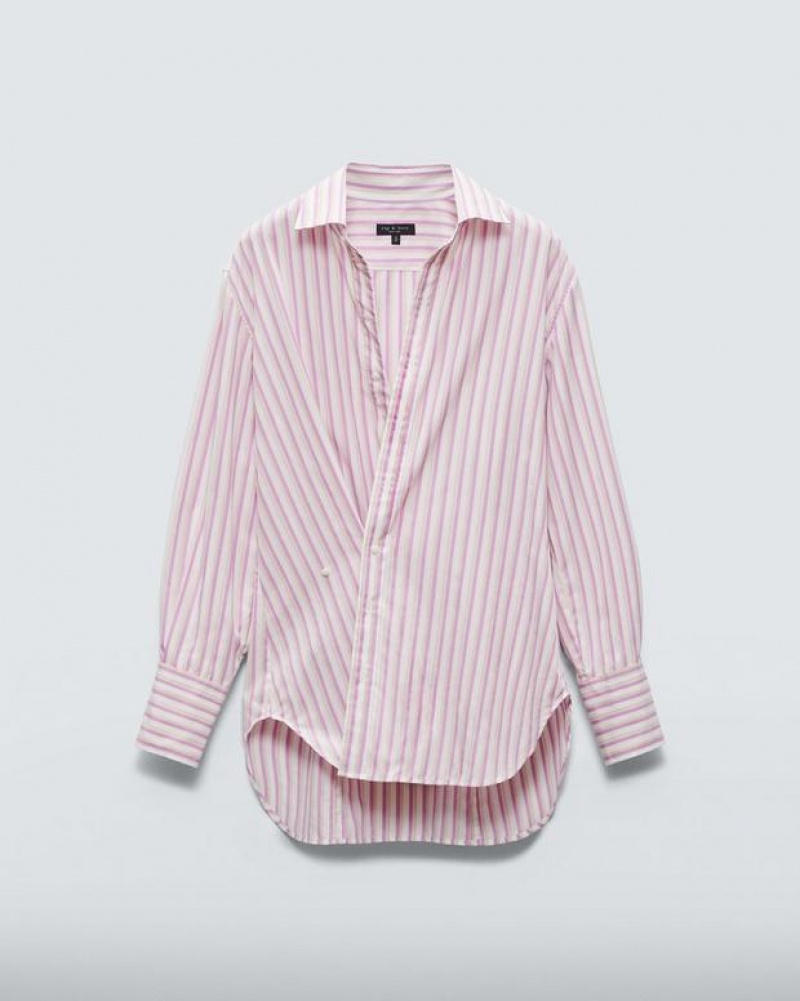 Rag & Bone Indiana Striped Cotton Poplin Shirt Relaxed Fit Button Down Pink Stripe | 08231PWQK