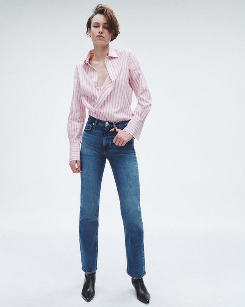 Rag & Bone Indiana Striped Cotton Poplin Shirt Relaxed Fit Button Down Pink Stripe | 08231PWQK