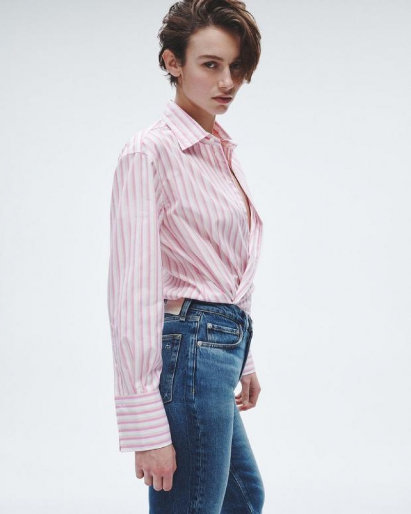 Rag & Bone Indiana Striped Cotton Poplin Shirt Relaxed Fit Button Down Pink Stripe | 08231PWQK