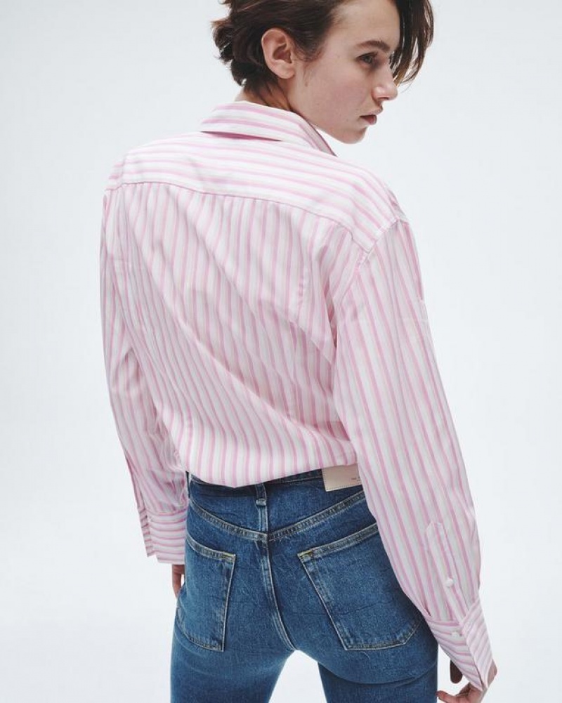 Rag & Bone Indiana Striped Cotton Poplin Shirt Relaxed Fit Button Down Pink Stripe | 08231PWQK