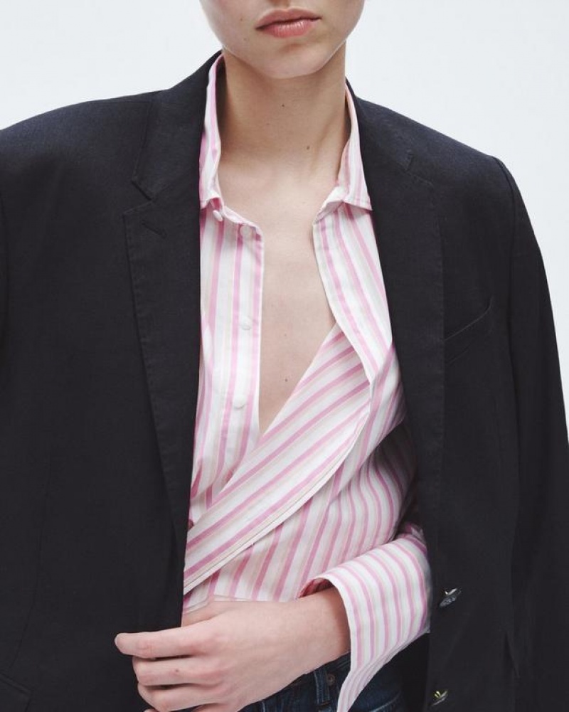 Rag & Bone Indiana Striped Cotton Poplin Shirt Relaxed Fit Button Down Pink Stripe | 08231PWQK