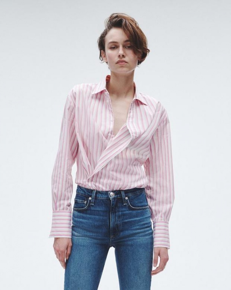 Rag & Bone Indiana Striped Cotton Poplin Shirt Relaxed Fit Button Down Pink Stripe | 08231PWQK