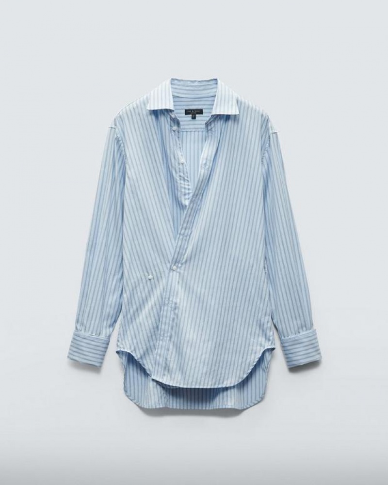 Rag & Bone Indiana Striped Cotton Poplin Shirt Relaxed Fit Button Down Cool Blue Stripe | 42985KHWB