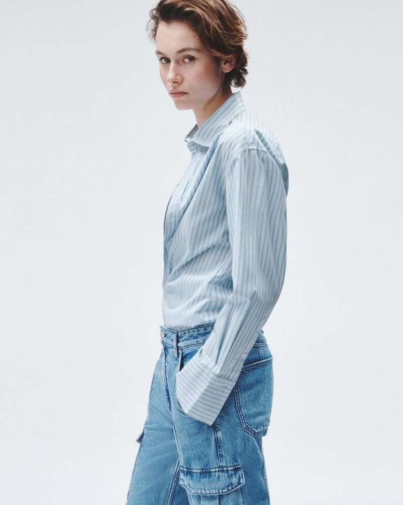 Rag & Bone Indiana Striped Cotton Poplin Shirt Relaxed Fit Button Down Cool Blue Stripe | 42985KHWB