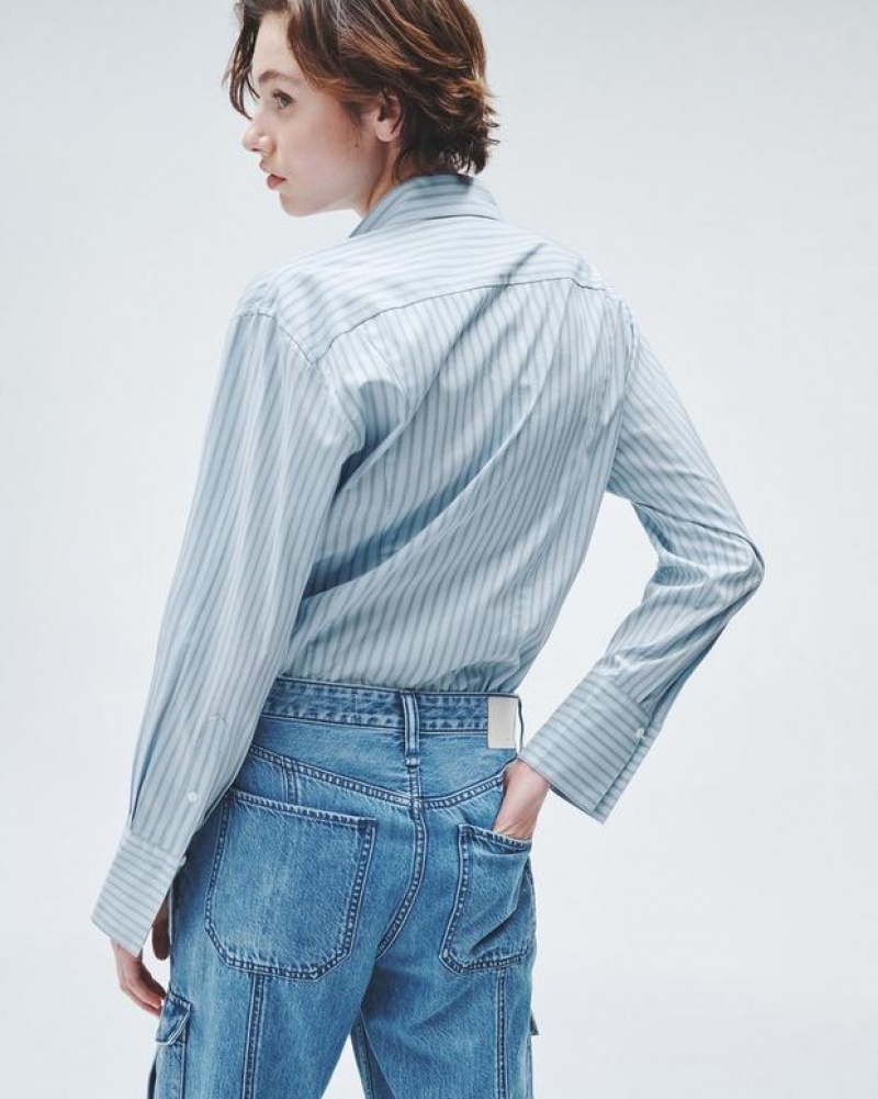 Rag & Bone Indiana Striped Cotton Poplin Shirt Relaxed Fit Button Down Cool Blue Stripe | 42985KHWB