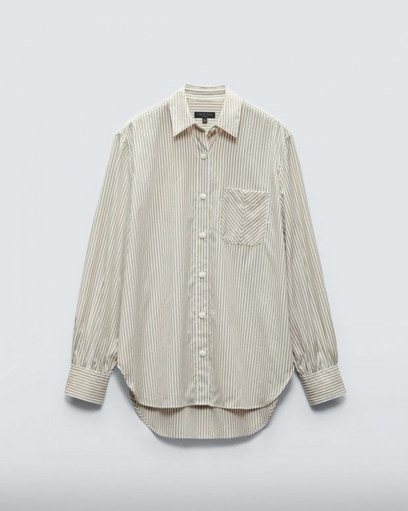 Rag & Bone Maxine Cotton Poplin Shirt Classic Fit Button Down Silver Stripe | 98435XSPF