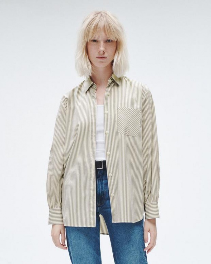 Rag & Bone Maxine Cotton Poplin Shirt Classic Fit Button Down Silver Stripe | 98435XSPF