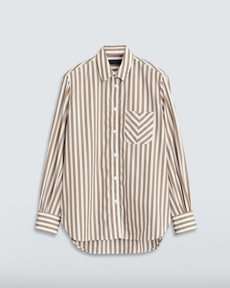 Rag & Bone Maxine Cotton Poplin Shirt Classic Fit Button Down Brown Stripe | 17623RQMB