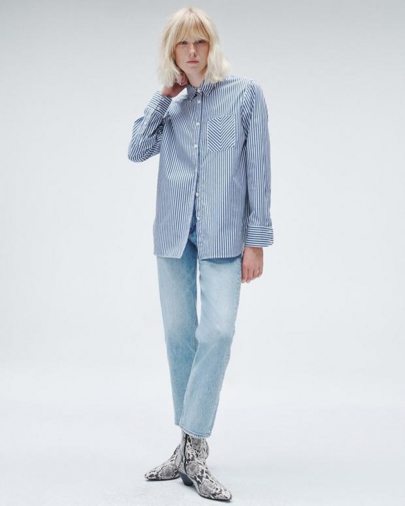 Rag & Bone Maxine Cotton Poplin Stripe Shirt Relaxed Fit Button Down Blue Stripe | 65713JUOA