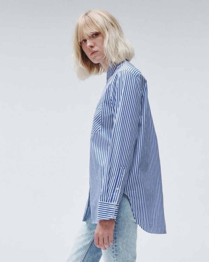 Rag & Bone Maxine Cotton Poplin Stripe Shirt Relaxed Fit Button Down Blue Stripe | 65713JUOA