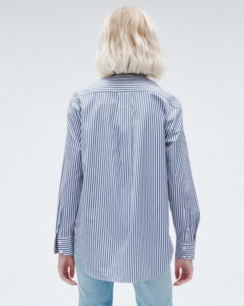 Rag & Bone Maxine Cotton Poplin Stripe Shirt Relaxed Fit Button Down Blue Stripe | 65713JUOA