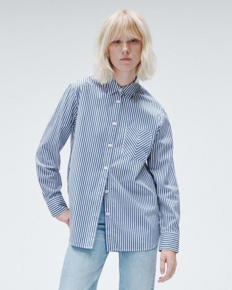 Rag & Bone Maxine Cotton Poplin Stripe Shirt Relaxed Fit Button Down Blue Stripe | 65713JUOA