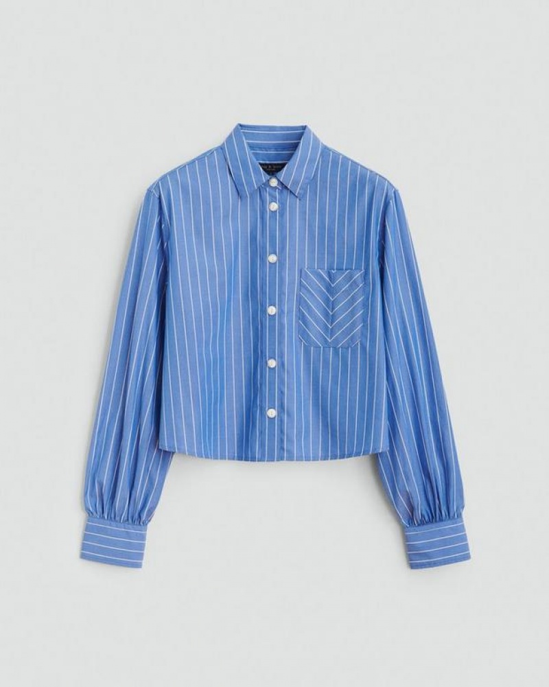 Rag & Bone Maxine Cropped Cotton Poplin Shirt Classic Fit Button Down Blue Stripe | 56740MAIY