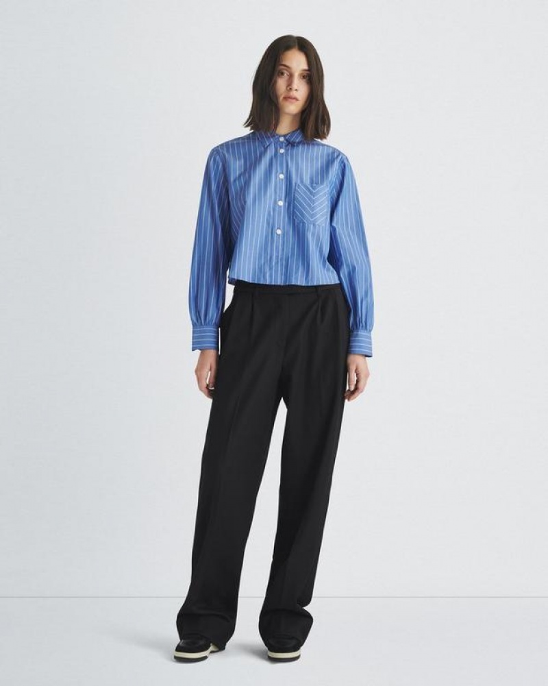 Rag & Bone Maxine Cropped Cotton Poplin Shirt Classic Fit Button Down Blue Stripe | 56740MAIY