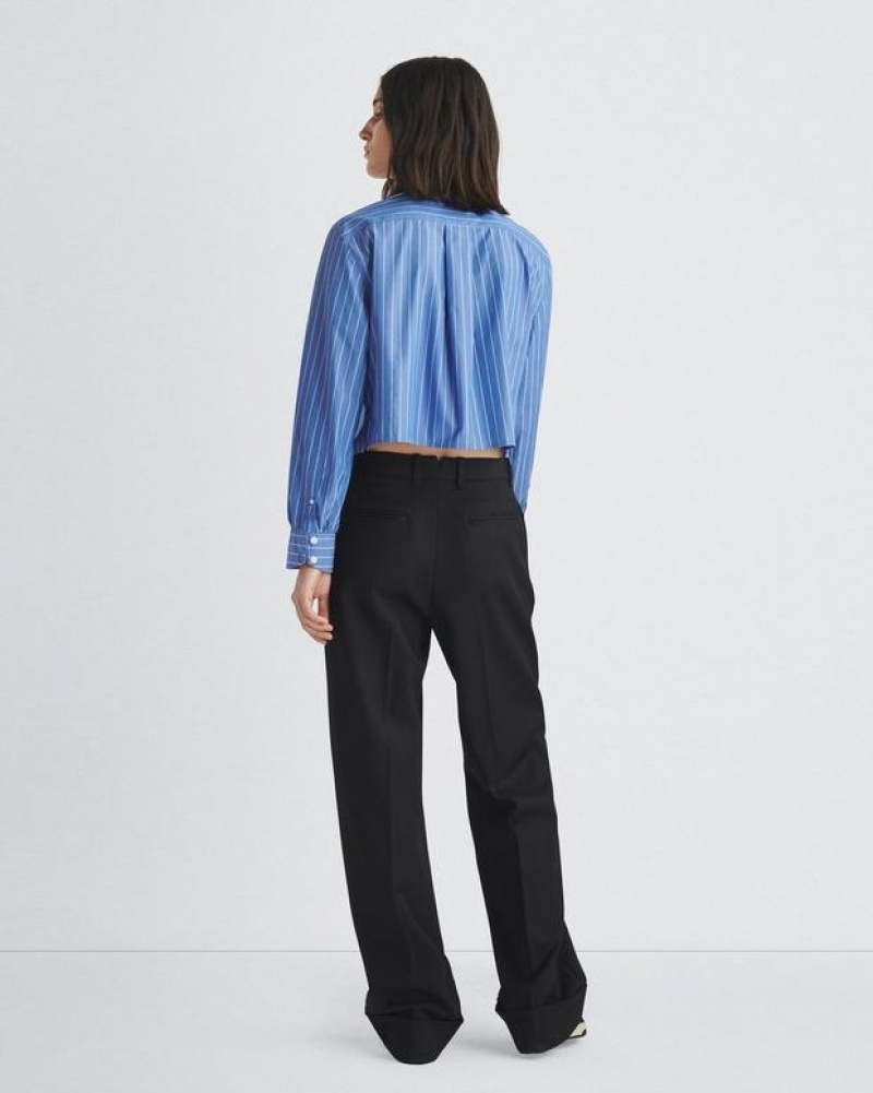 Rag & Bone Maxine Cropped Cotton Poplin Shirt Classic Fit Button Down Blue Stripe | 56740MAIY