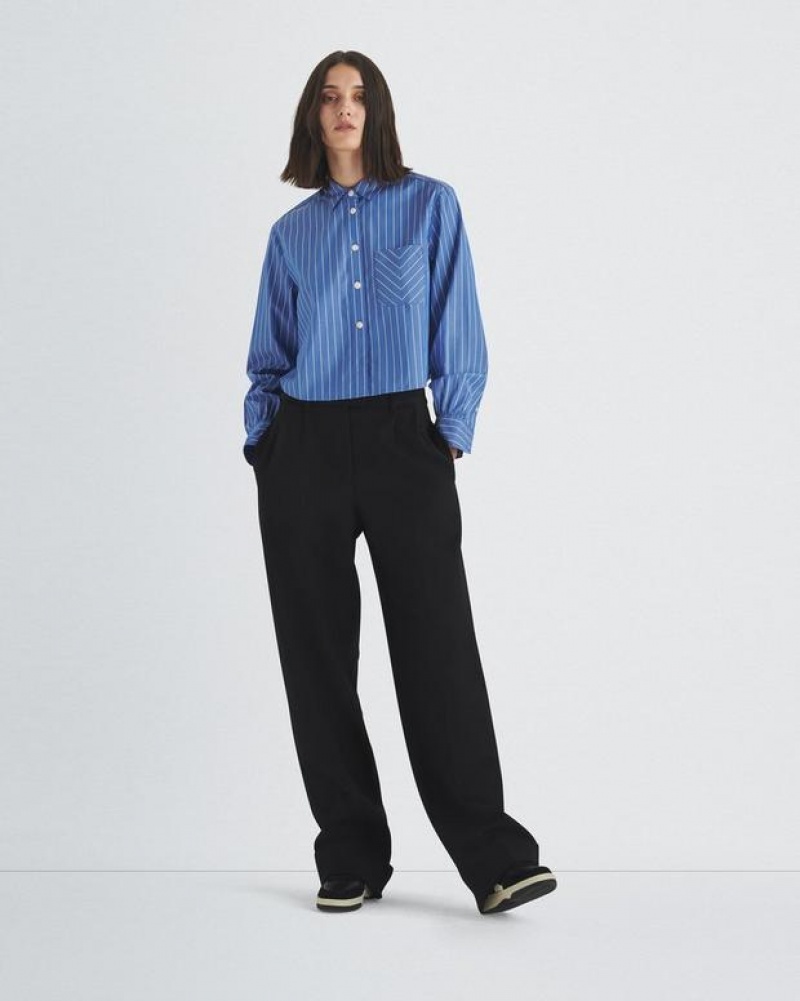 Rag & Bone Maxine Cropped Cotton Poplin Shirt Classic Fit Button Down Blue Stripe | 56740MAIY