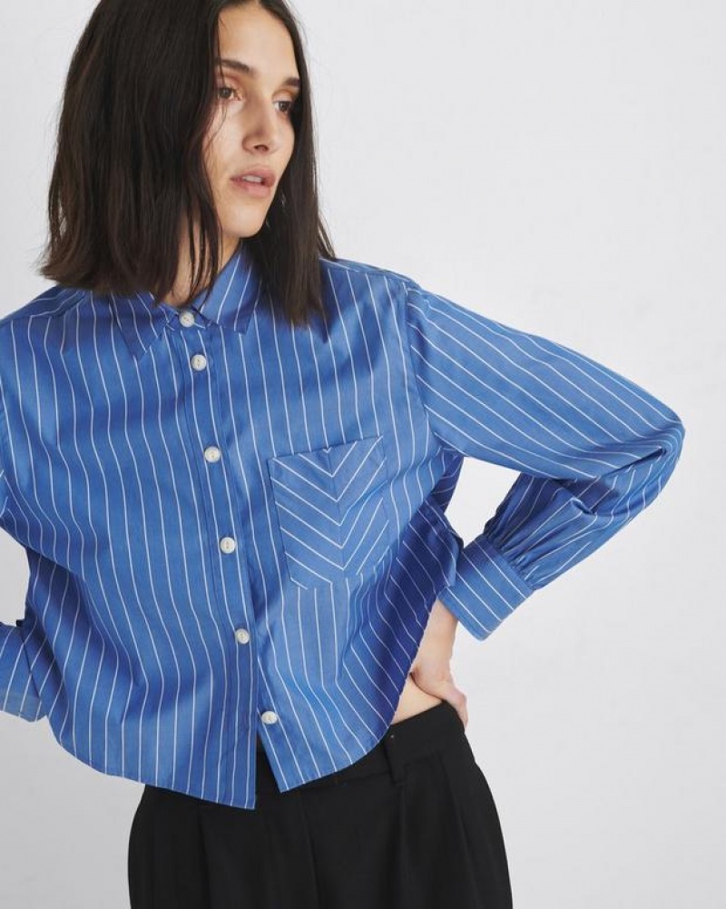 Rag & Bone Maxine Cropped Cotton Poplin Shirt Classic Fit Button Down Blue Stripe | 56740MAIY