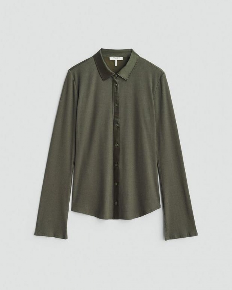 Rag & Bone Ribbed Button Down Shirt Classic Fit Button Down Olive Night | 05862ISMN