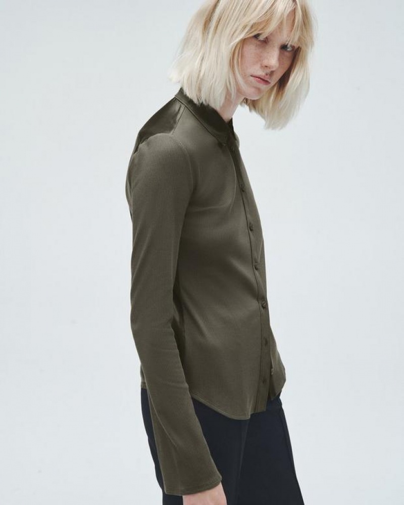 Rag & Bone Ribbed Button Down Shirt Classic Fit Button Down Olive Night | 05862ISMN