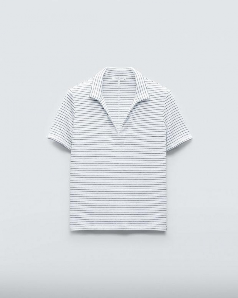 Rag & Bone The Knit Striped Polo Pima Cotton T-Shirt Ivory Stripe | 02658YJEO